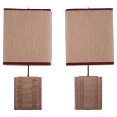 Pair of Matching 1970's Large table lamps Travertine & Brass