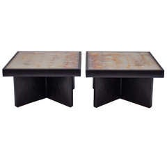 Pair Of 1970's Atelier Made Side Tables Leather And Eglomise Mirrored Top
