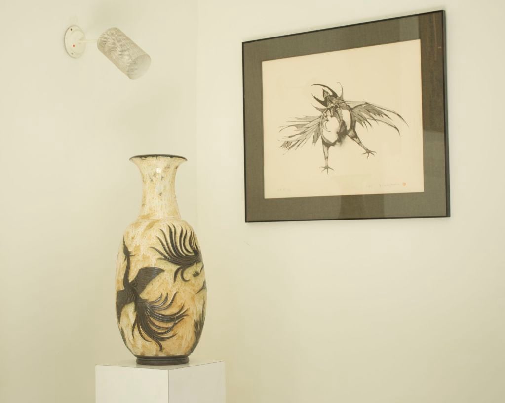 Very big vase by Roger Guèrin. Excellent design with big elegant birds.
Signed with numbers and signature on the bottom.