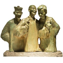 Ernest Patris sculpture en faïence représentant trois hommes chinois des années 1940