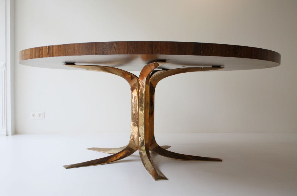 Unusual table designed by Jules Wabbes in 1968. The pan coupé table was one of his favorite designs.  
This particular table was executed for the Royale Belge building in Brussels. (1970) Just before the installment of the table on the executive