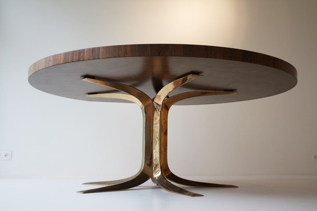 Polished 1968 Jules Wabbes bronze & wengé end grain desk / dining table