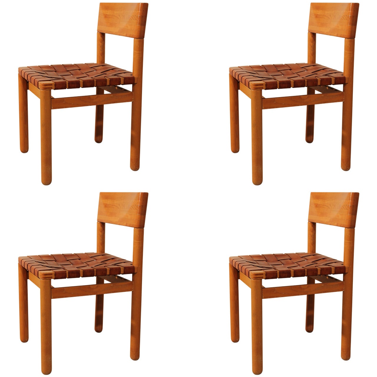 Four Dining Chairs in Pine Wood with Leather Seat, Scandinavian, 1960s