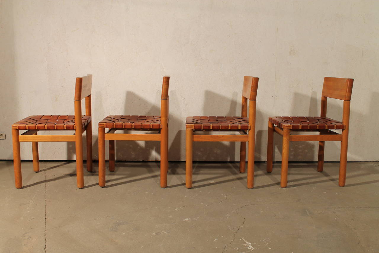 Mid-Century Modern Four Dining Chairs in Pine Wood with Leather Seat, Scandinavian, 1960s