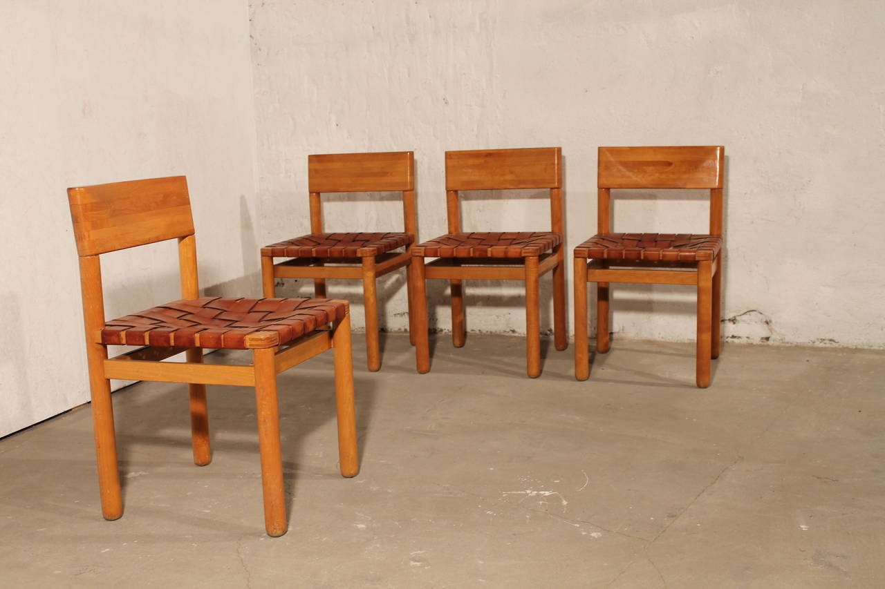 Four Dining Chairs in Pine Wood with Leather Seat, Scandinavian, 1960s 2