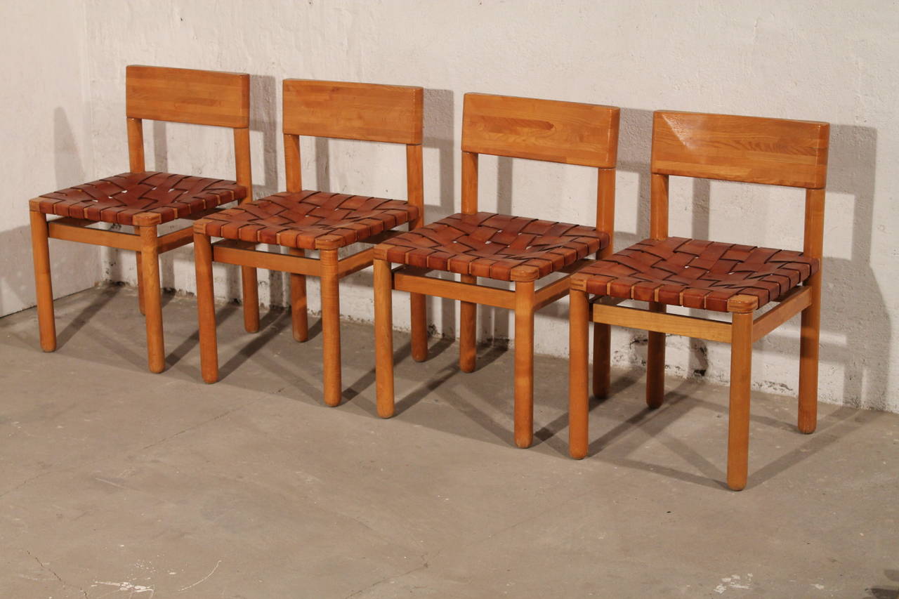 Four Dining Chairs in Pine Wood with Leather Seat, Scandinavian, 1960s 3