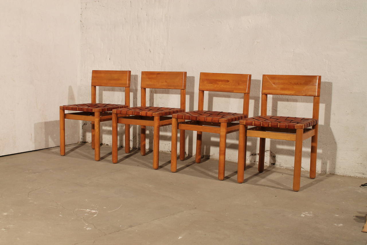 Four Dining Chairs in Pine Wood with Leather Seat, Scandinavian, 1960s 4