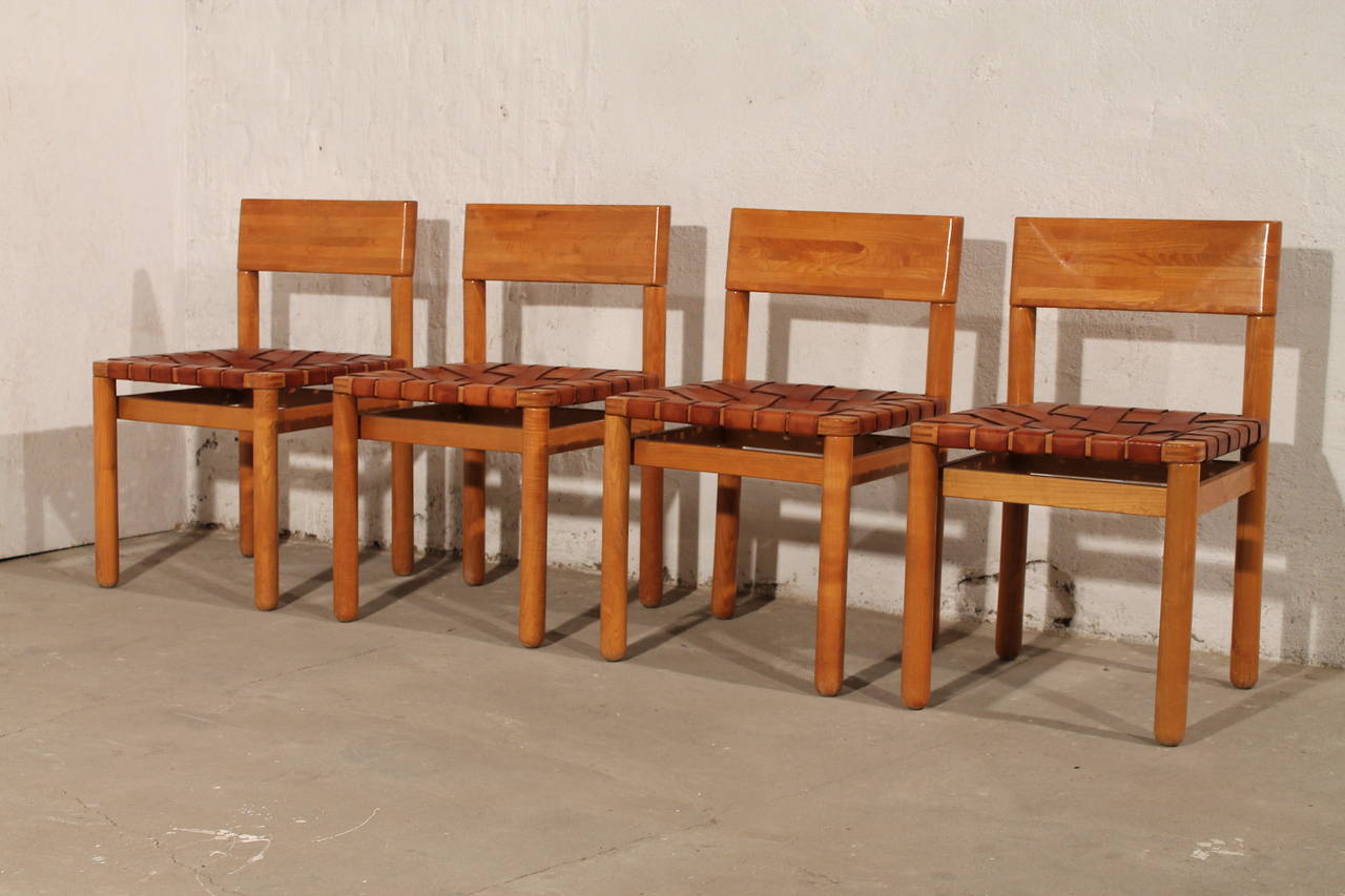 Four Dining Chairs in Pine Wood with Leather Seat, Scandinavian, 1960s 5