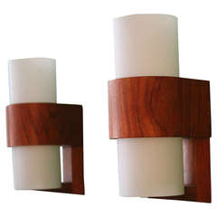 A Pair of Wall Sconces by Philips 1950s Opaline Glass and Teak Wood