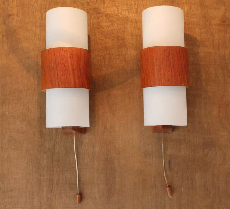 Dutch A Pair of Wall Sconces by Philips 1950s Opaline Glass and Teak Wood