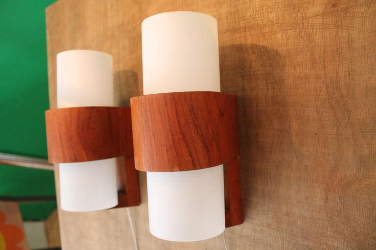Mid-20th Century A Pair of Wall Sconces by Philips 1950s Opaline Glass and Teak Wood