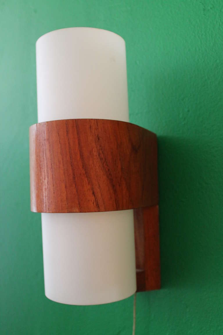 A Pair of Wall Sconces by Philips 1950s Opaline Glass and Teak Wood 3