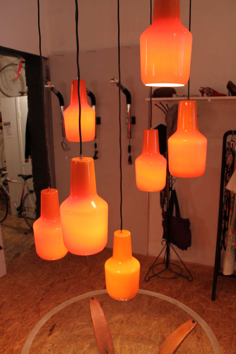 Seven Orange Venini Glass Pendant Lamps by Massimo Vignelli, Italy 1950 3