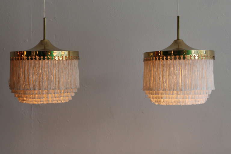 A Very Unusual Pair of Hans Agne Jakobsson Ceiling Lamps in Brass and Fabric Tassels 3