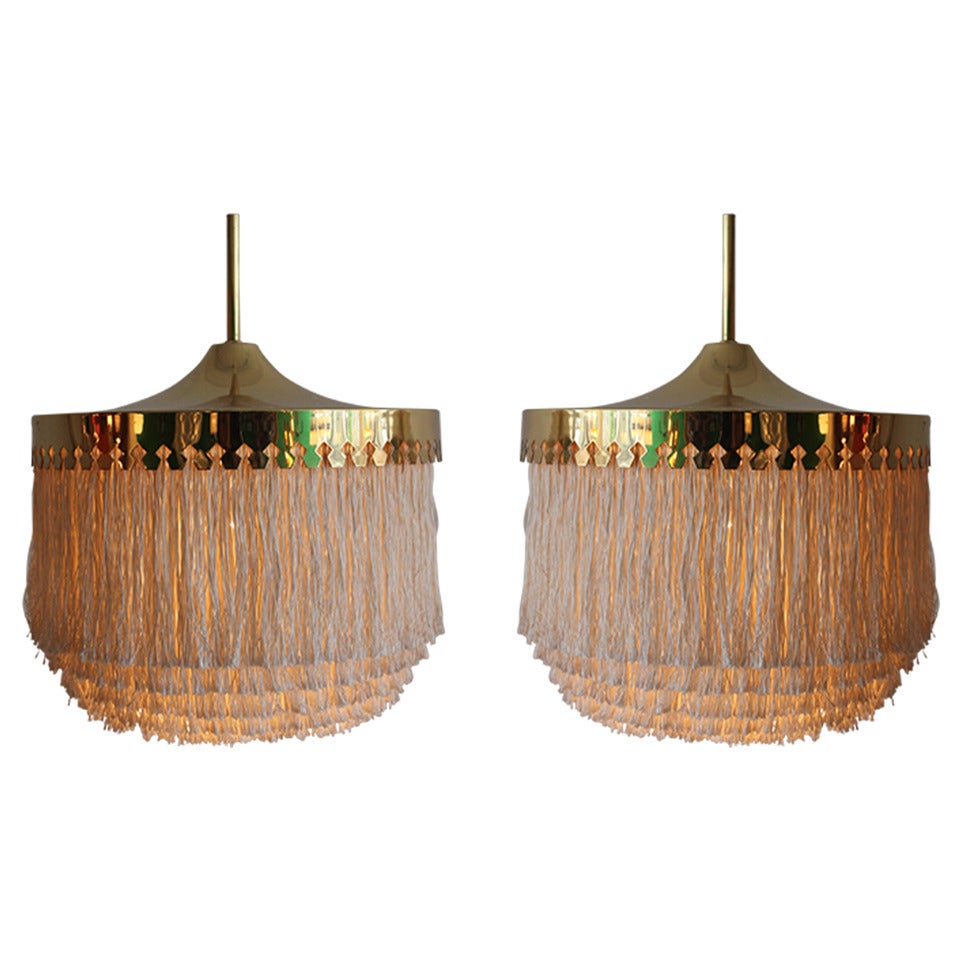 A Very Unusual Pair of Hans Agne Jakobsson Ceiling Lamps in Brass and Fabric Tassels