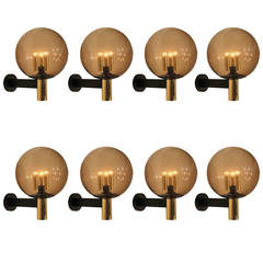 Eight Extra-Large Wall Sconces Smoked Glass with Brass Details, 1970s