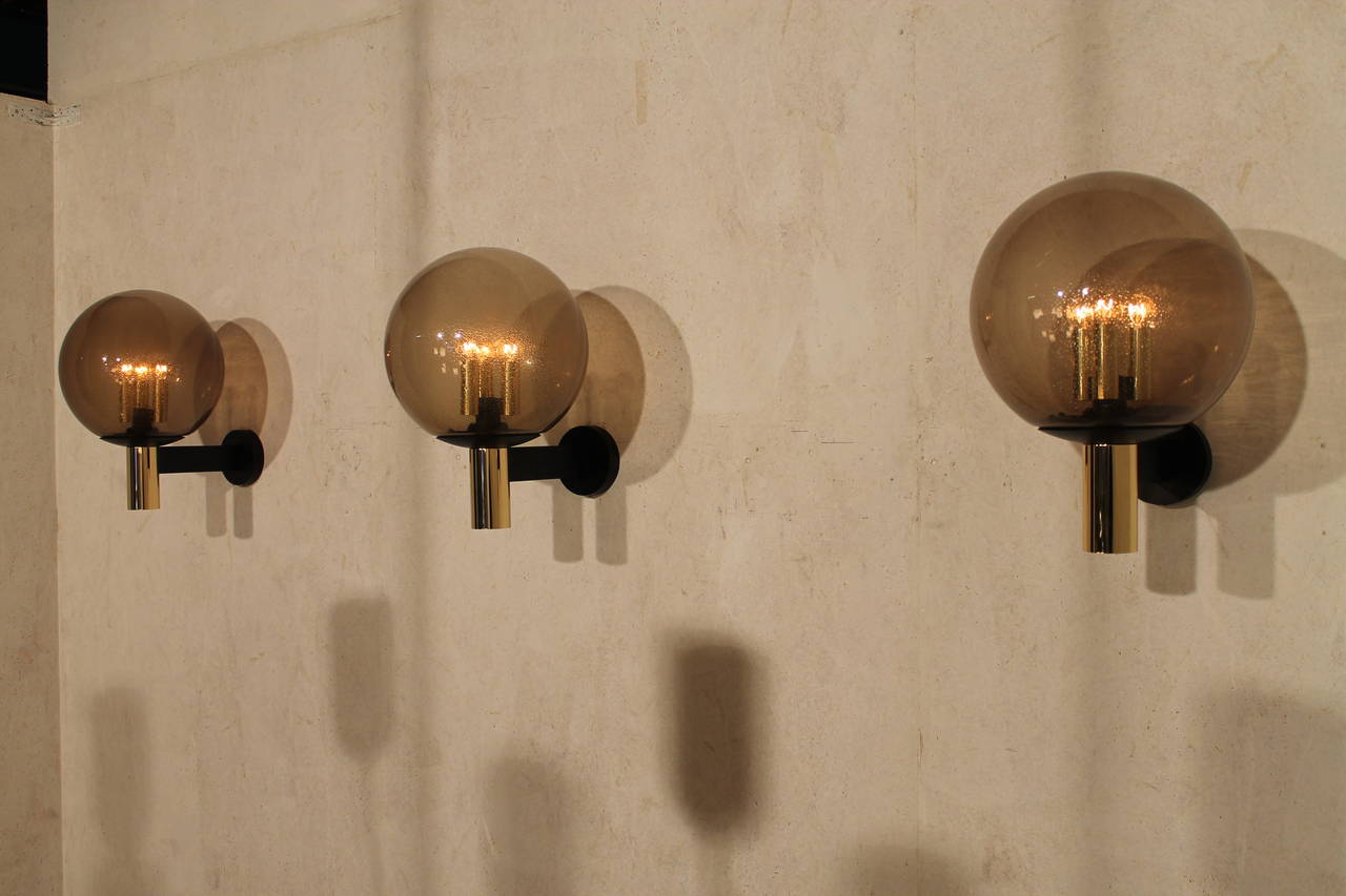 Eight Extra-Large Wall Sconces Smoked Glass with Brass Details, 1970s