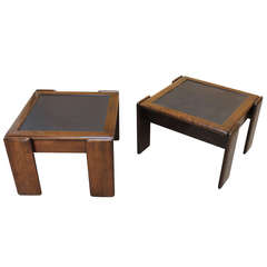 Two Side Tables with Oakwood and Slate Tops, Italy, 1970s