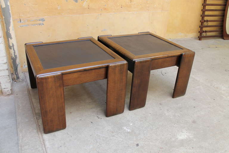 Italian Two Side Tables with Oakwood and Slate Tops, Italy, 1970s For Sale