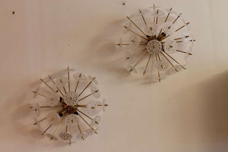 A pair Belgian snowflake sconces crystal glass 1960s.<br />
<br />
Good original condition, also wired for US use.<br />
<br />
See other listing for a Belgian sputnik chandelier.