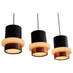Three Stilnovo Pendant Lamps in Glass and Brass, Italy, 1950s