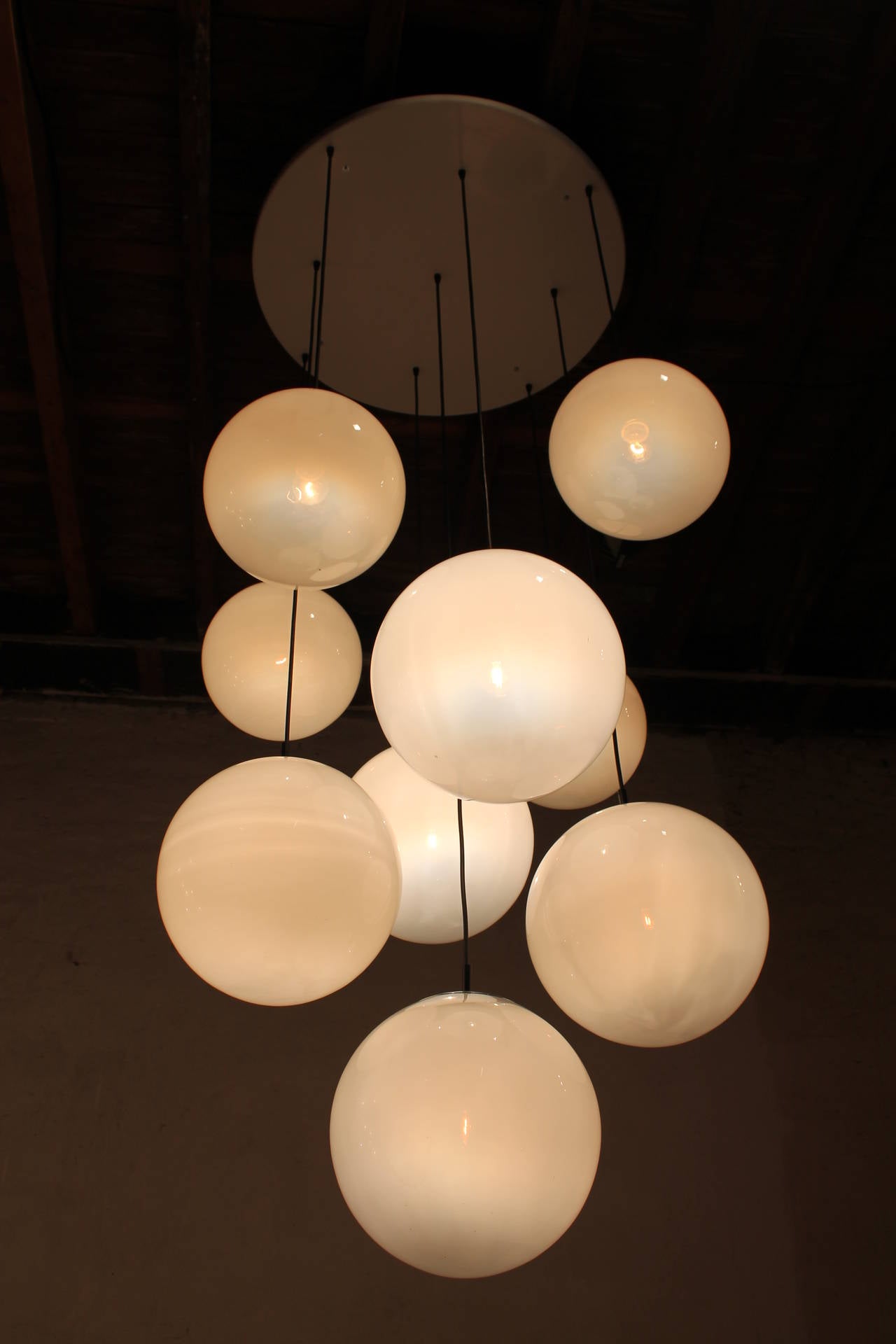 Mid-Century Modern Two Large White Foggy Glass Ball Chandeliers, 1960s For Sale