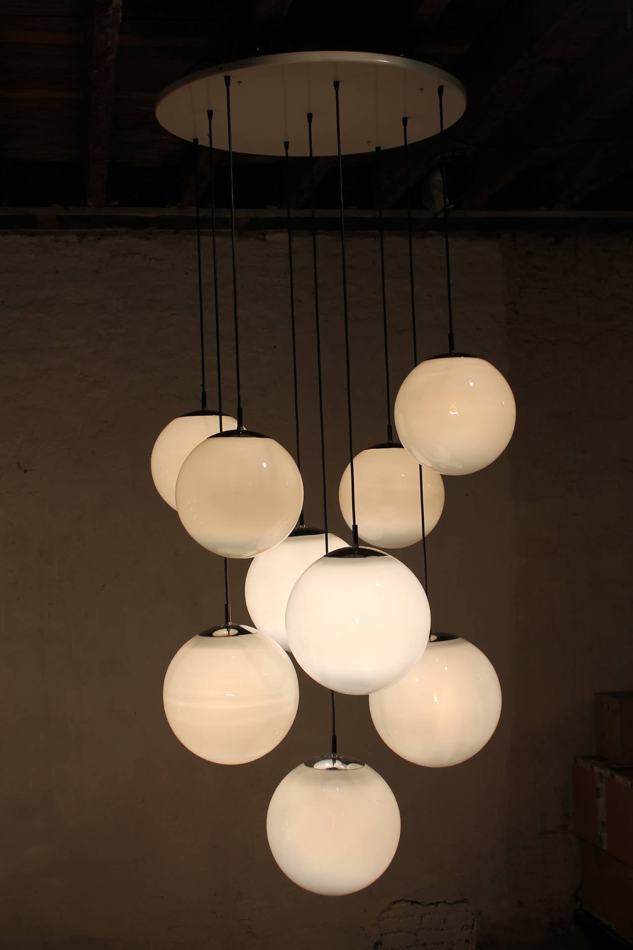 Dutch Two Large White Foggy Glass Ball Chandeliers, 1960s For Sale