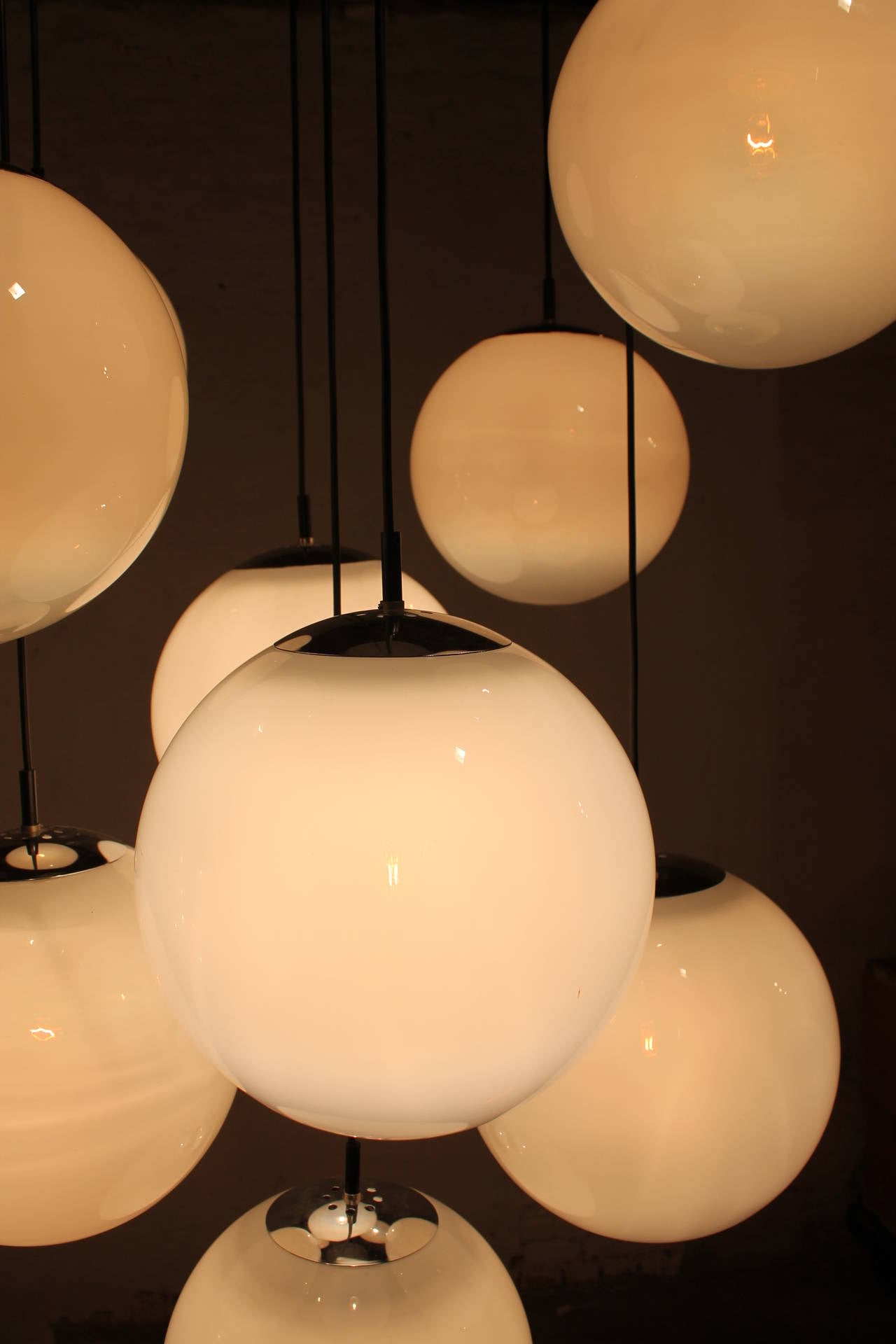 20th Century Two Large White Foggy Glass Ball Chandeliers, 1960s For Sale
