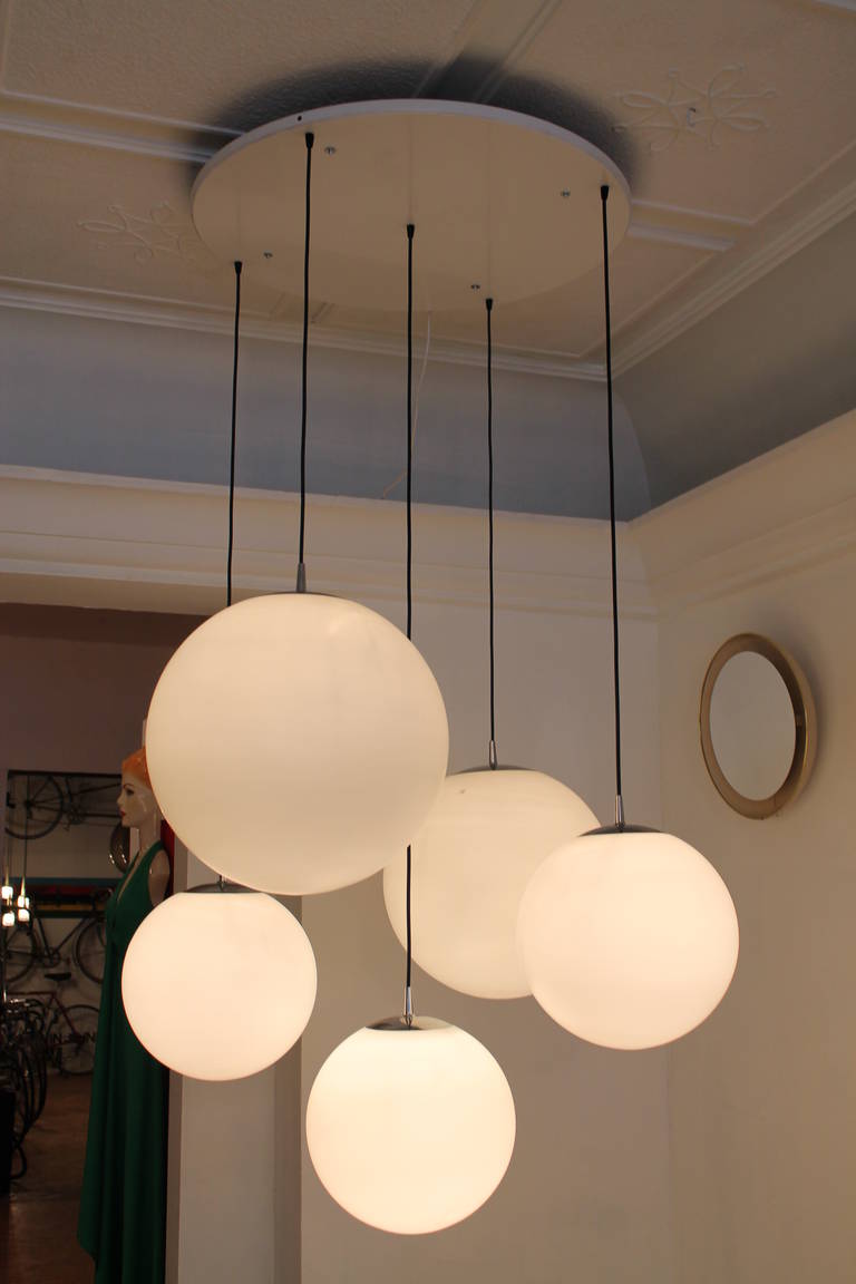 Large five glass ball chandelier by Peil and Putzler, Germany, 1960.

Five white opaline glass balls hanging on a metal ceiling plate.

Adjustable in height and wired for US use also.

Good original condition.

Three glass balls of 13,5