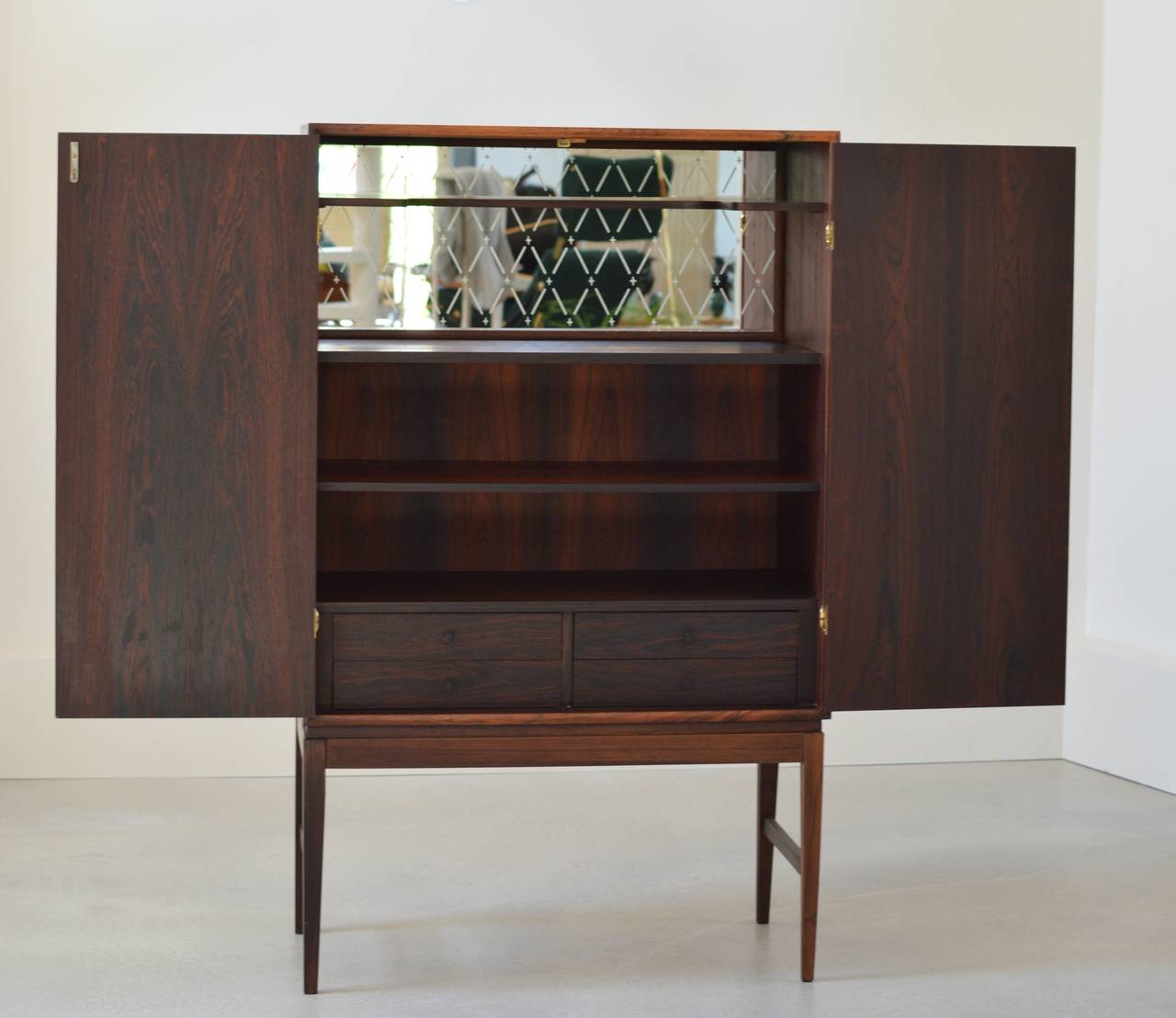 Scandinavian Modern Refined Danish Rosewood Cocktail Cabinet with Brass Hinges