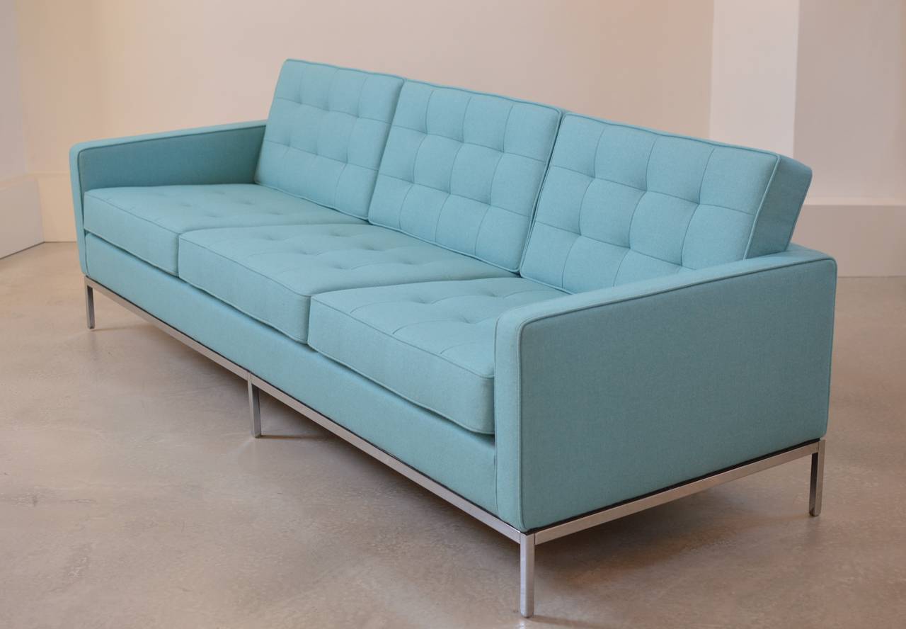 Three Seat Sofa from the 'Lounge Seating' series designed by Florence Knoll for Knoll associates (USA) in 1954. 

This particular sofa dates from 1969 and has been completely restored and upholstered in a wonderful bright turquoise soft woollen