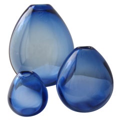 Per Lütken Holmegaard Group Of 3 Sapphire Blue Dråbe Drop Vases