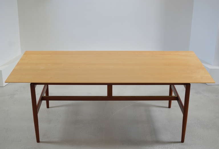 Danish Finn Juhl Desk or Work Table with Brass Detailed Stretcher