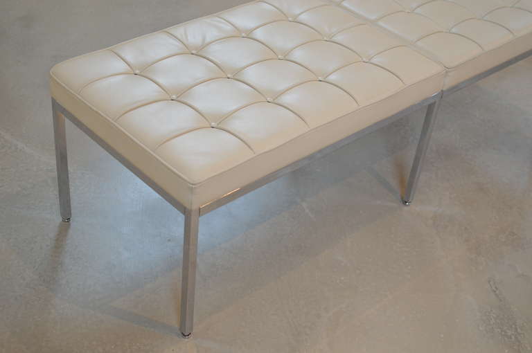 Mid-Century Modern Ivory White Tufted Leather Bench by Florence Knoll