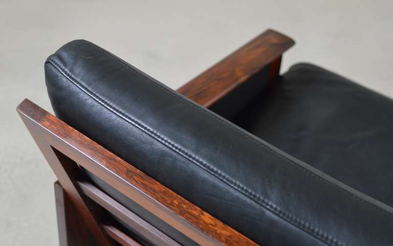 Danish Rosewood and black leather Capella Series arm chair by Illum Wikkelsø