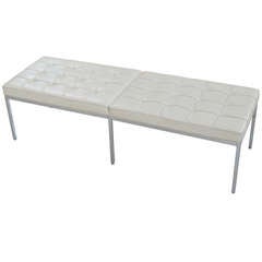 Ivory White Tufted Leather Bench by Florence Knoll