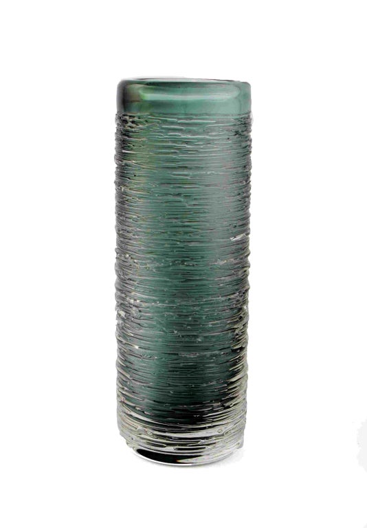 Sea-green & grey clear glass threaded 'Spun' vases by Swedish 'Bengt Edenfalk' for 'Skruf' Glass Works Sweden. 
Both fully signed 'Bengt Edenfalk, Skruf 1962).
Price for the pair (2).

Shipping to the USA: $ 35,00. 
Fully insured, track & trace.