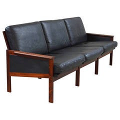Rosewood & Black Leather Sofa by Illum Wikkelso for N. Eilersen
