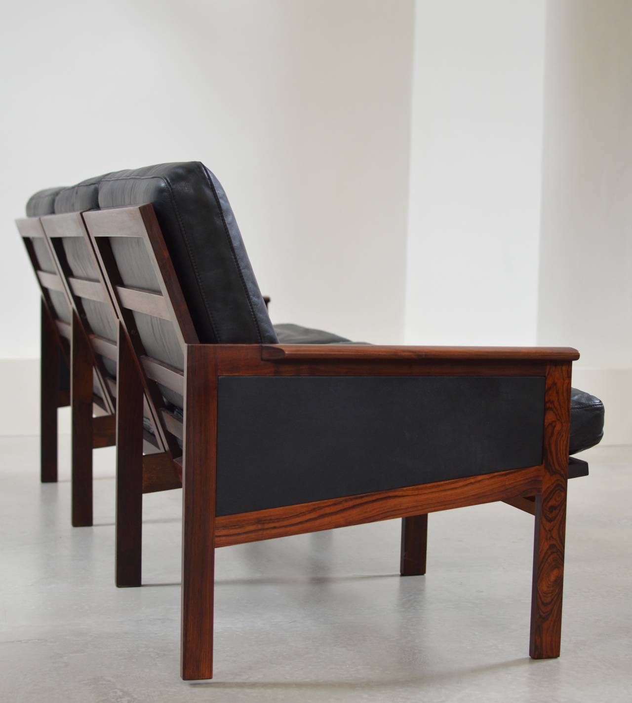 Danish Rosewood & Black Leather Sofa by Illum Wikkelso for N. Eilersen
