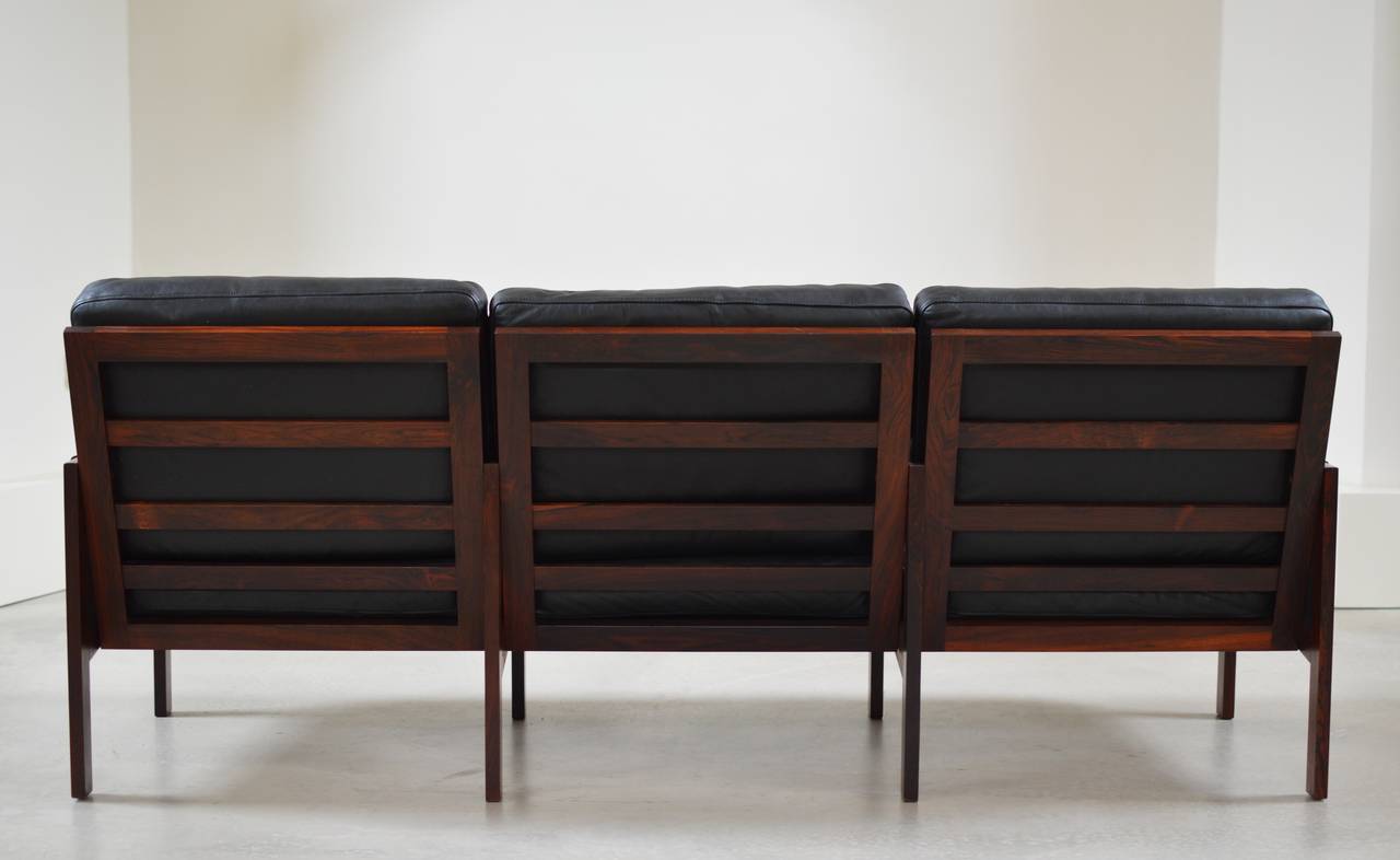 Rosewood & Black Leather Sofa by Illum Wikkelso for N. Eilersen 1