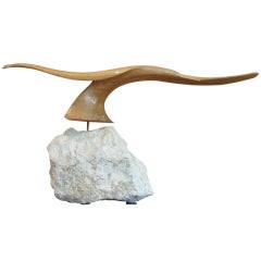 Hand Carved 'In Motion' Bird & Fossil Sculpture by Marius Bruel