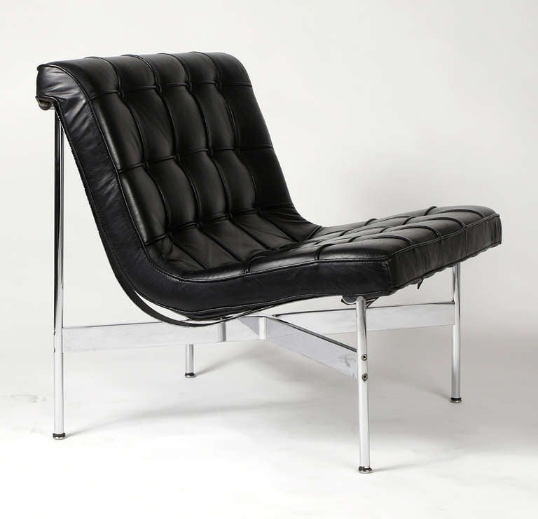 'New York' Lounge Chair by William Katavolos, Ross Littell and Douglas Kelley, 1952 for Laverne International in wonderful condition original black leather upholstery and all chrome frame.
The original porous interior of the cushion has been