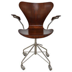 Earliest Arne Jacobsen Rosewood Swivel Desk Chair with Arms