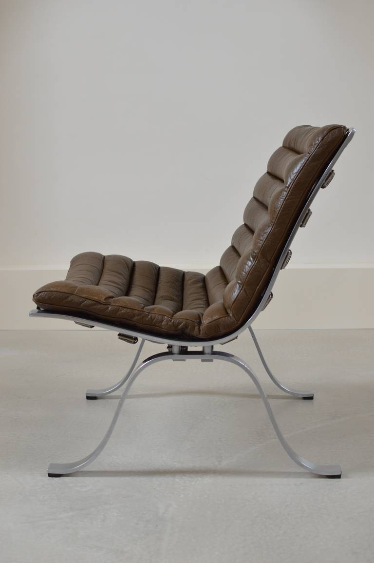 Swedish Pair of Brown Buffalo Leather Ariet Lounge Chairs by Arne Norell