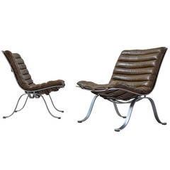 Pair of Brown Buffalo Leather Ariet Lounge Chairs by Arne Norell