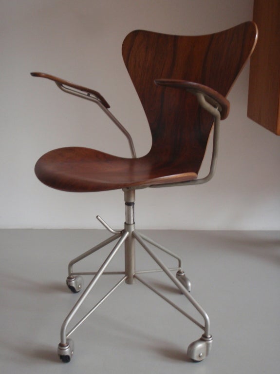 Danish Earliest Arne Jacobsen Rosewood Swivel Desk Chair with Arms