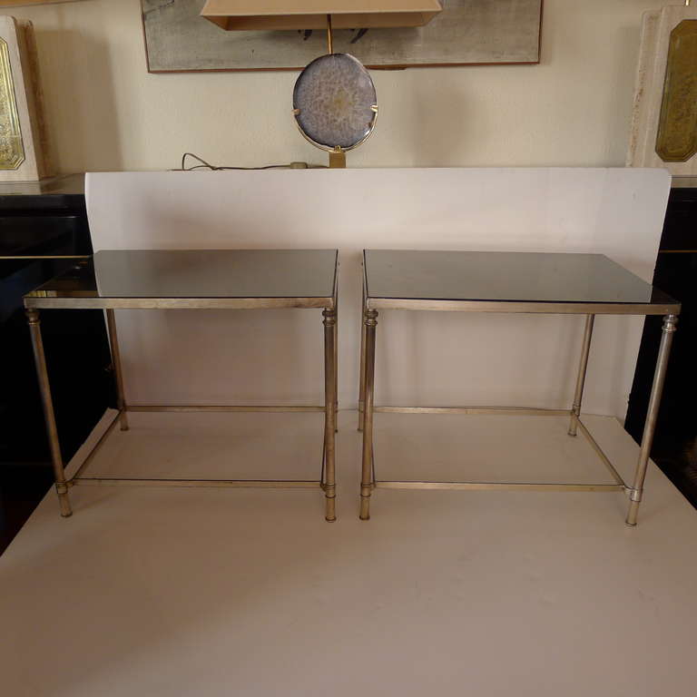 Pair of Silvered Bronze Side Tables with Patinated Mirror Tabletop