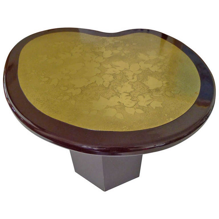 Etched Bronze Deep Red Lacquered Free Form Coffee Table For Sale