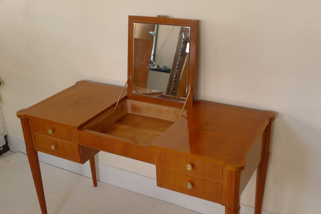 French Art Deco Vanity in Fruitwood with Chair
