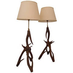 Pair of Sculpted Wood Horned Lamps